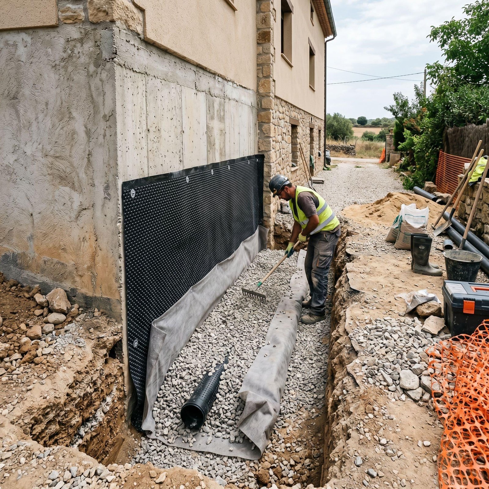 Exterior drainage and membrane repair on a foundation wall